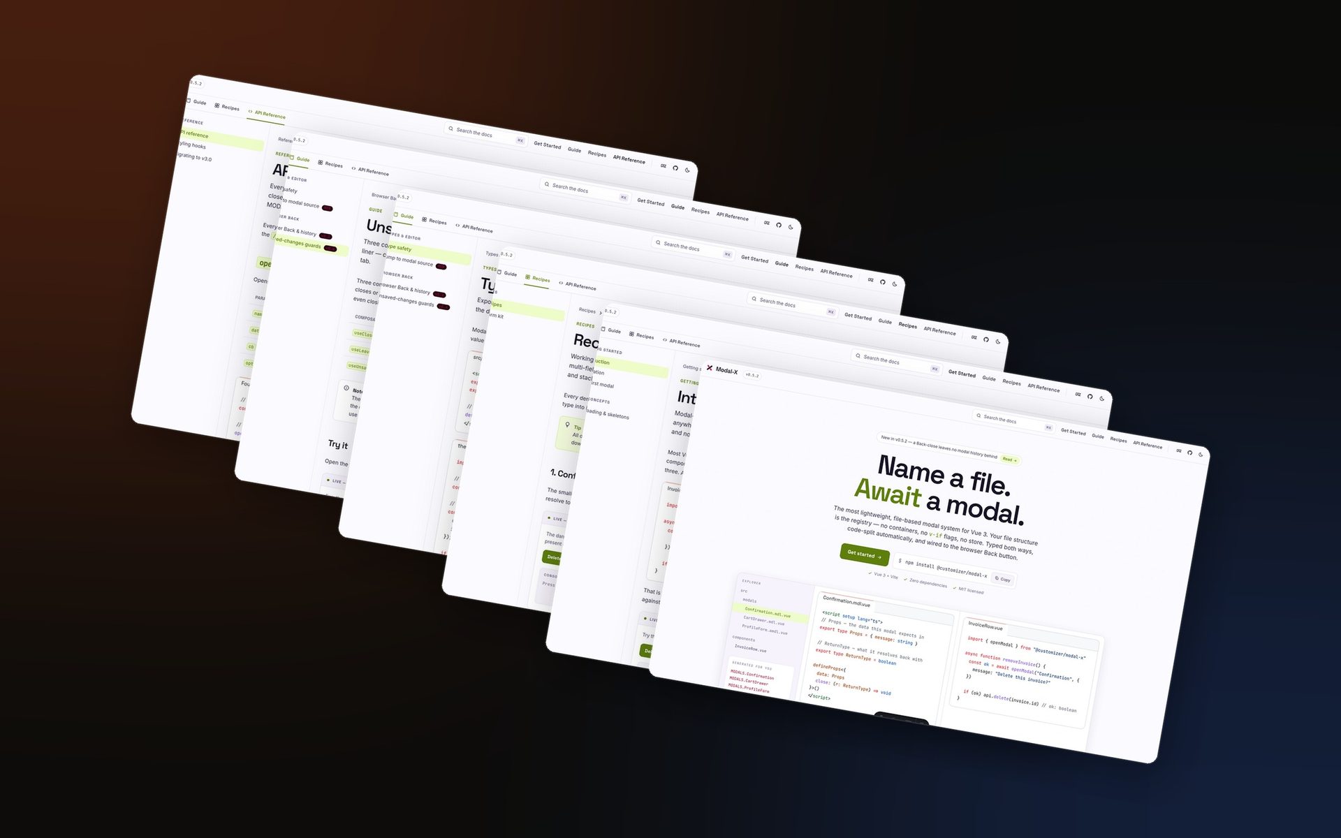 Pages from the Modal-X documentation site, stacked.