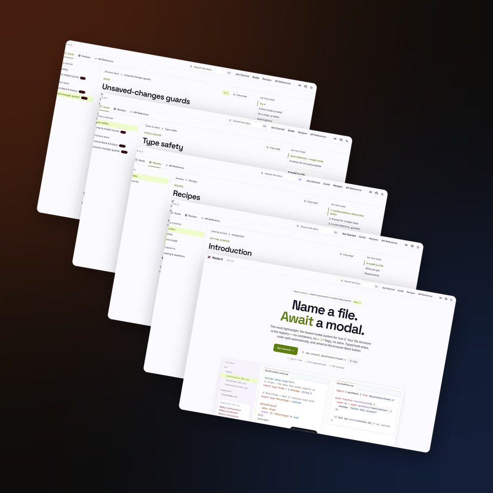 Pages from the Modal-X documentation site.